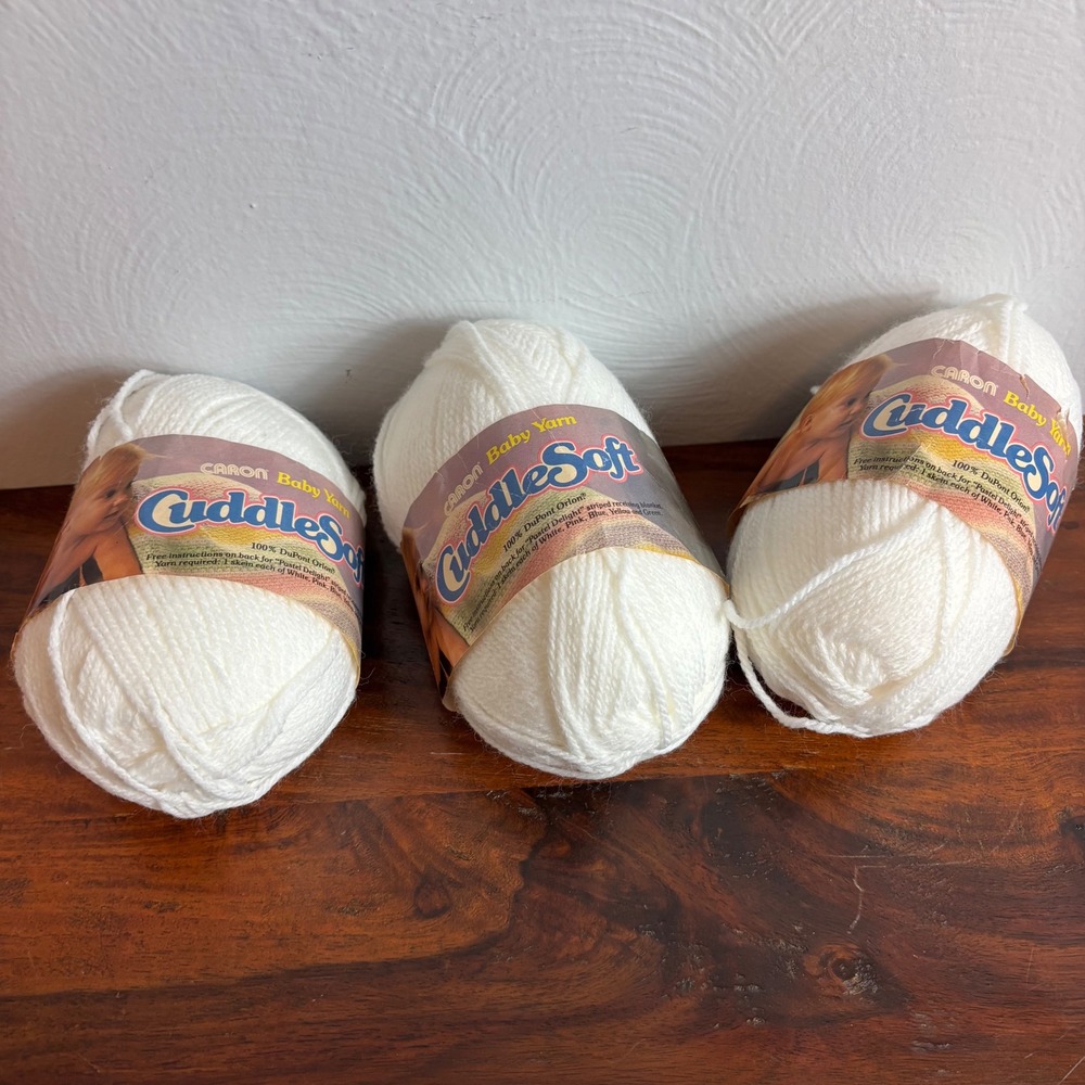 Caron CuddleSoft Baby Yarn 100% Orlon White 3 Ply Lot of 3 Skeins Made in USA